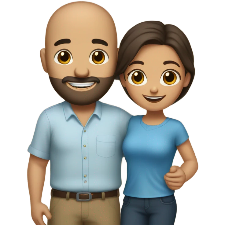 Comforting hug from brunette Puerto Rican with dark brown eyes wearing a cute blue blouse to short, bald man with brown eyes, laugh lines, and a beard emoji
