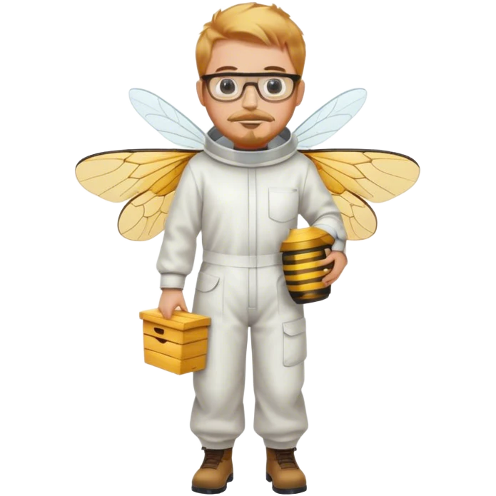 full body medium size bee keeper with  short light strawberry blonde hair and goatee wearing glasses  emoji