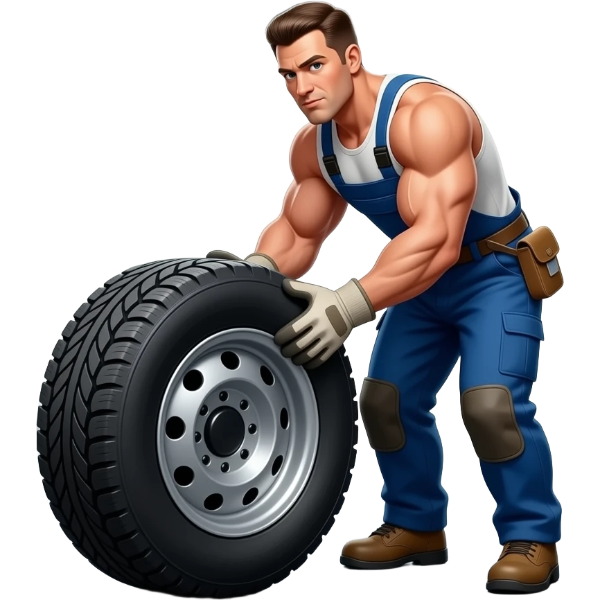 a man lifting a heavy flat on the floor truck tire emoji
