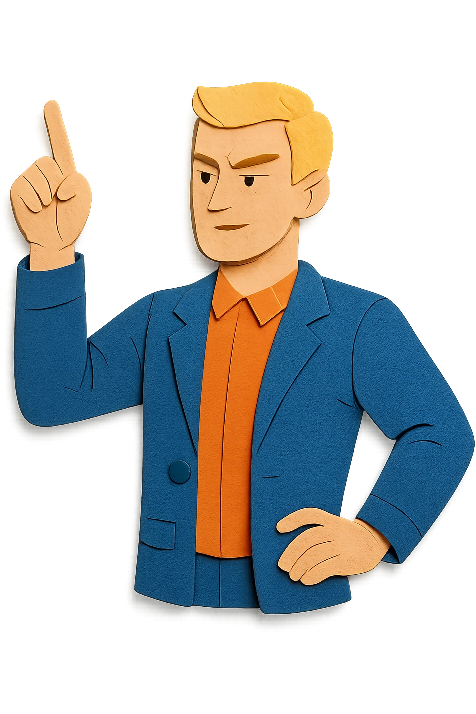 Confident male leader, Caucasian, short neat blonde hair, sharp eyes, indigo jacket, one arm raised gicing direction, waist-up, front-facing emoji