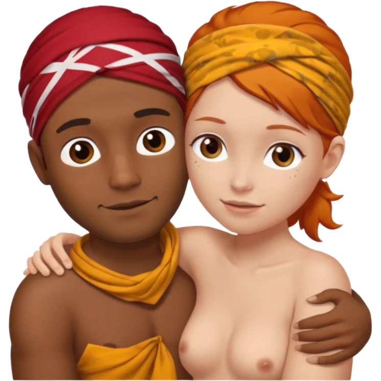 Two people naked hugging, brown man with bandana no hair, white girl ginger hair emoji