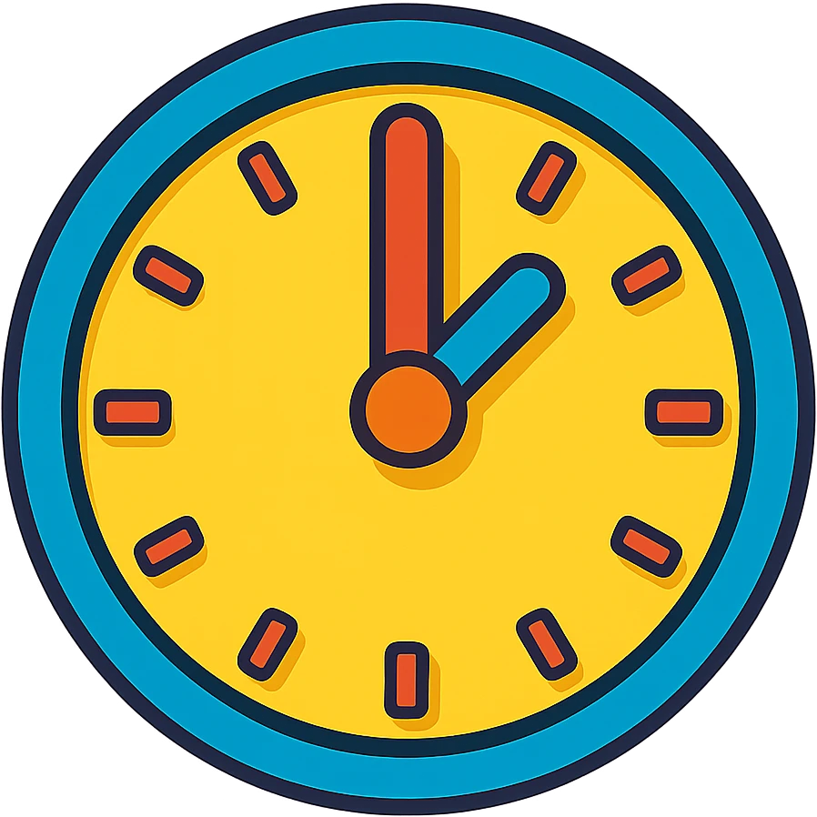 clock showing 1 pm, colorful cartoon style, bold hands, no numbers emoji