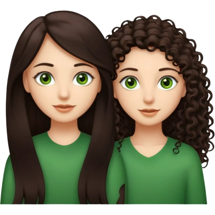 Two besties, 1: long ironed straight darkbrown hair, green eyes, 2: long curly darkbrown hair, brown eyes emoji