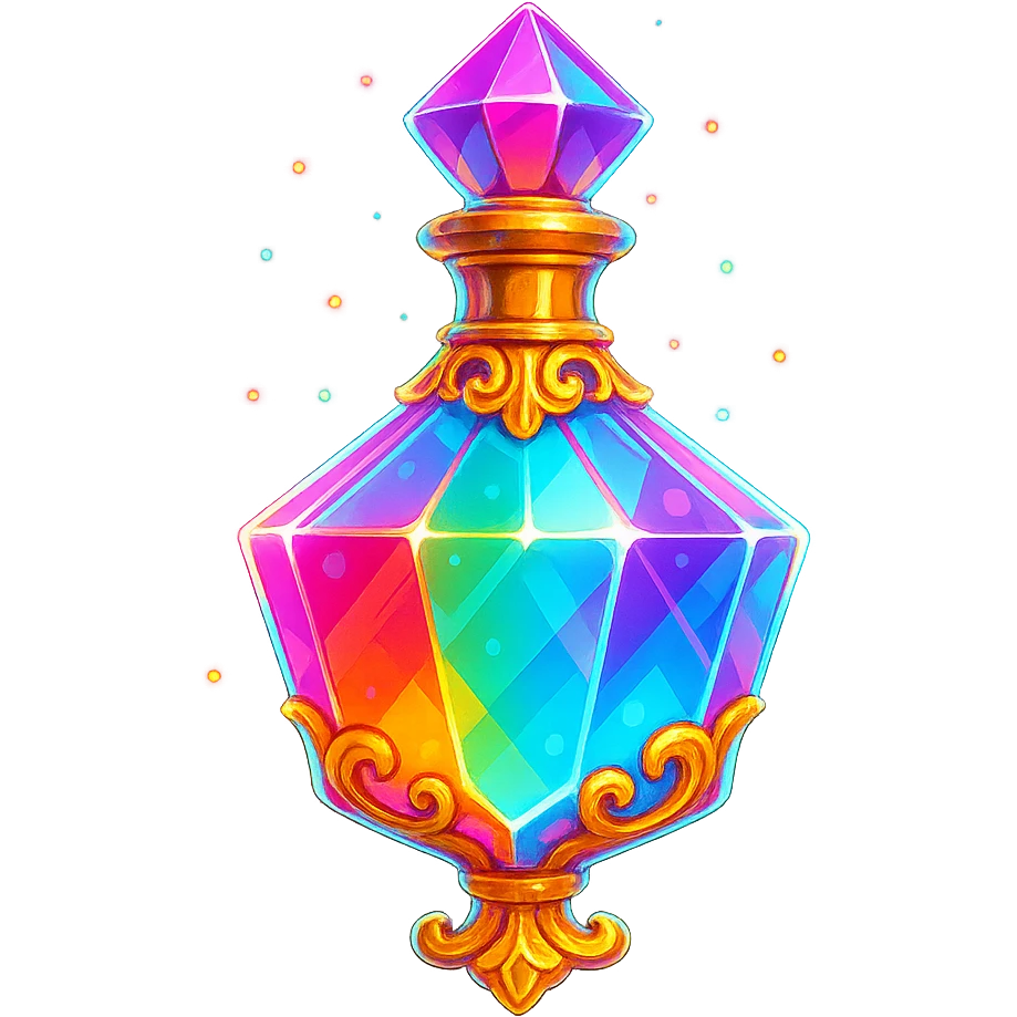 crystal luxurious elixir bottle in colorful chewing gum style, bright colors, lots of glow, edges, ornaments, golden details, magical effects, very small golden neck, transparent background, beautiful connected bottom, clearly floating in air, no base or shadow, very luxurious, playful, matching the collection emoji