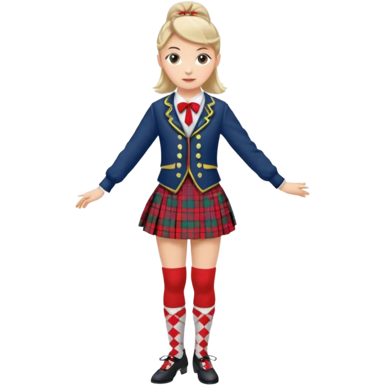 Highland dancing argyle just over the knee socks, blouse, highland dancing jacket, tartan miniskirt and highland dancing shoes emoji