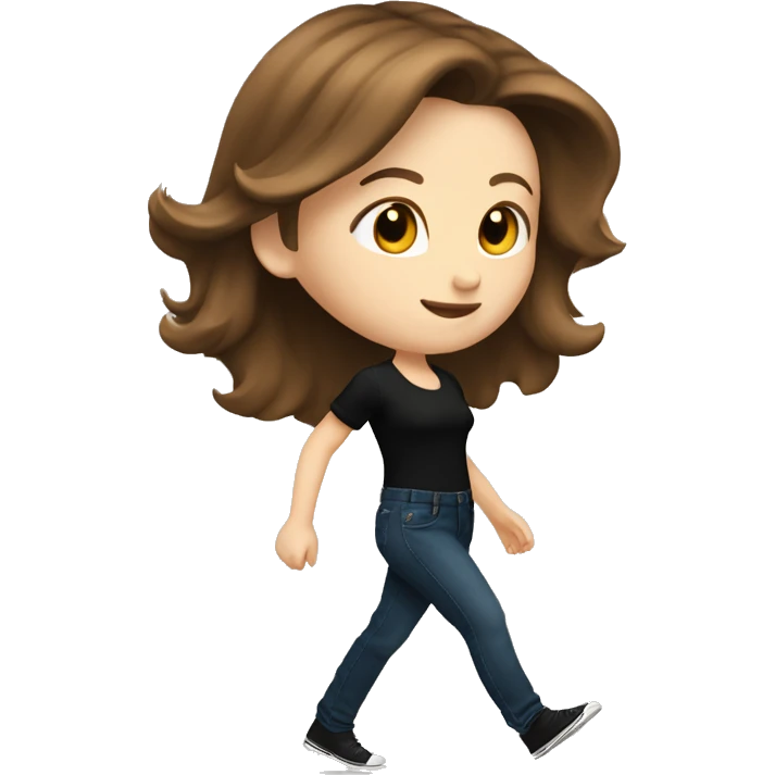 A beautiful white girl with shoulder-length brown hair in black jeans and a black blouse is walking to the right emoji