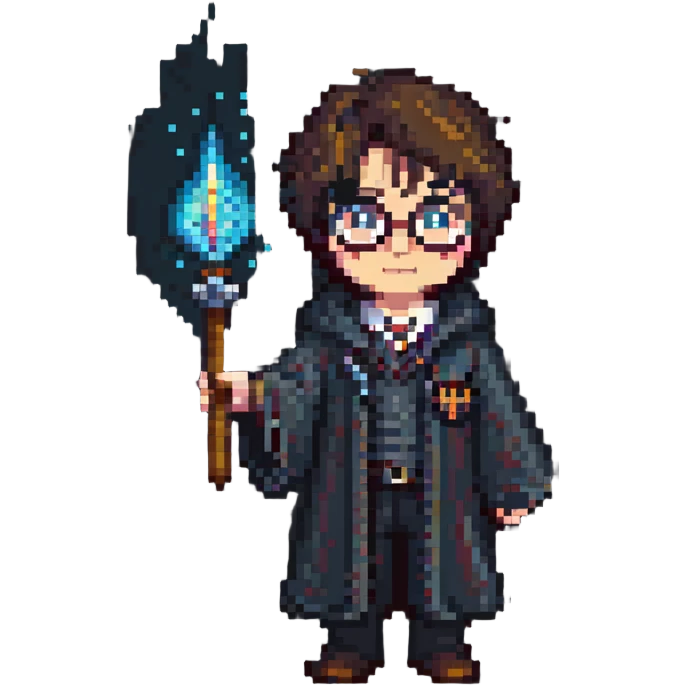 Harry Potter holding a magic wand in pixel art style emoji