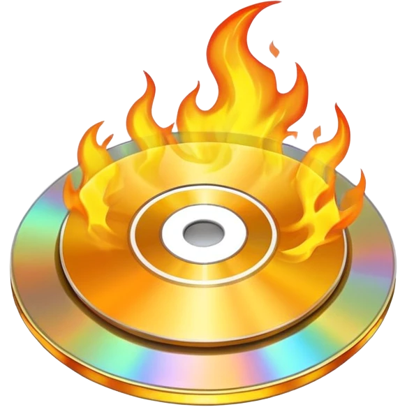 A CD disc with a fiery design, yellow fire emoji