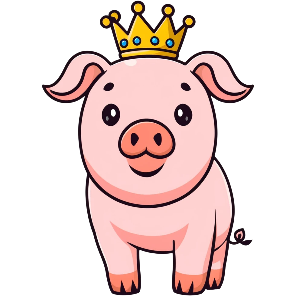 cute pig with a golden crown, chunky, colorful, simple, playful emoji
