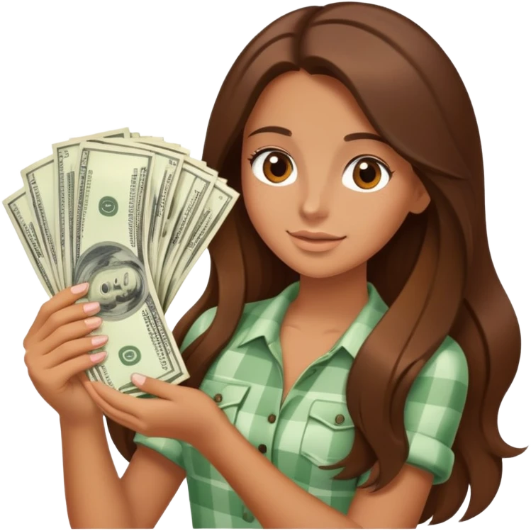 tanned girl with long brown hair holding lots of money emoji