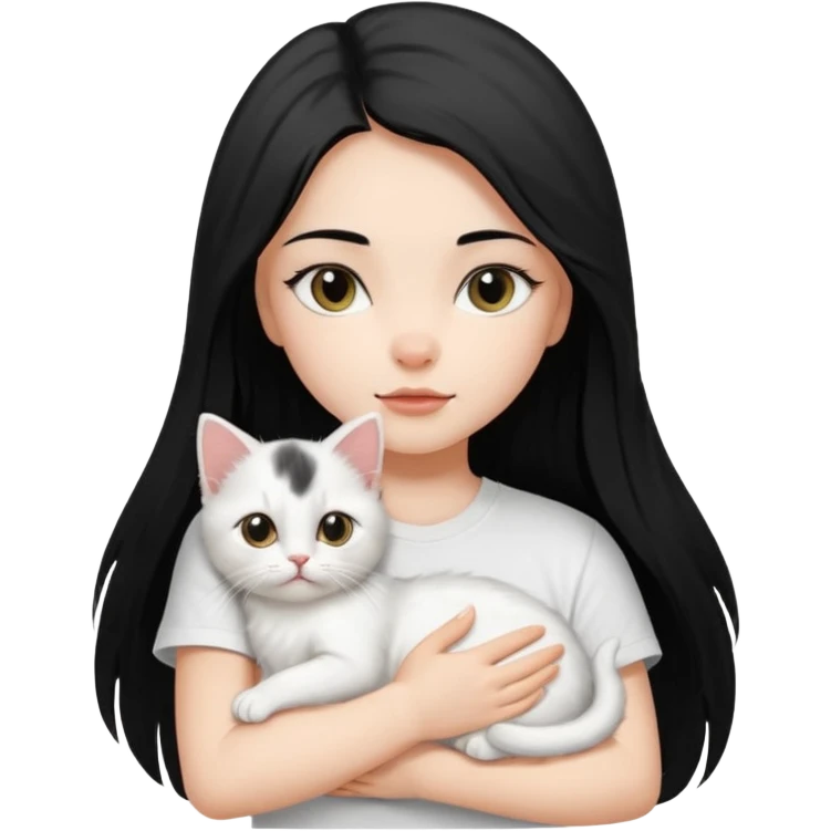 a girl with long dark black straight hair, in a white t-shirt, hugs a persian kitten 3 months old had a half spot black on her face and white one cat. emoji | AI Emoji Generator emoji