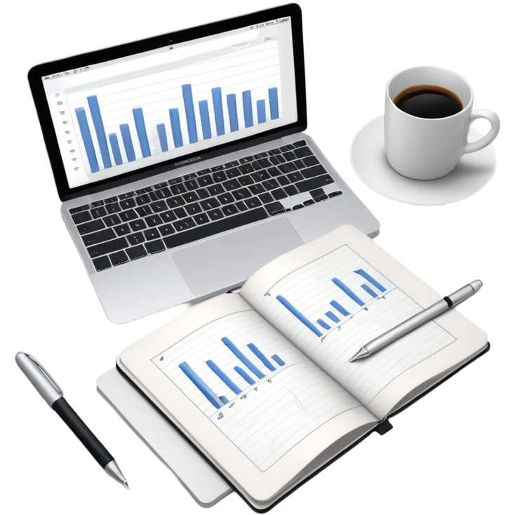top view of a MacBook, open notebook with visible handwritten bar charts, and pen beside them emoji