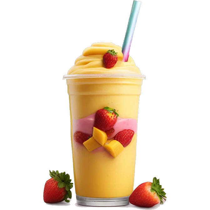 a mix smoothie with 3 layors strawberry smotthie on top mango smoothie in the middle and mango chunks at the botto emoji