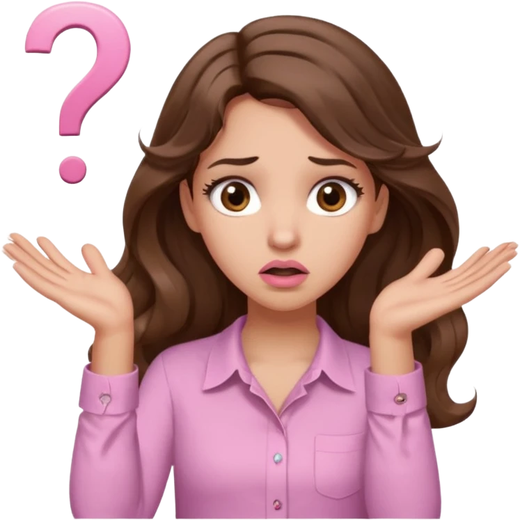 girl with wavy long brown hair, brown eyes, light to medium complexion, long lashes, light pink lipstick, wearing light pink shirt, shrugging with both hands, confused, question mark emoji