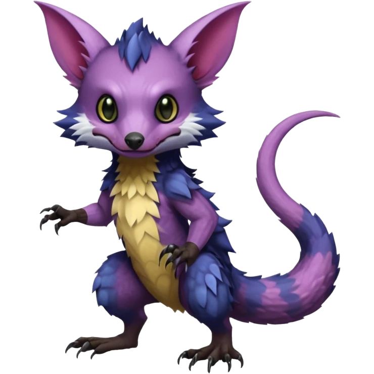 Realistic scaly swampy elemental detailed Colorful Trico-Noibat-batty-Sergal-Furret-Ferret-Wolverine-Vernid-furry-fursona-fusion-Fakemon-animal-hybrid-creature, full body emoji