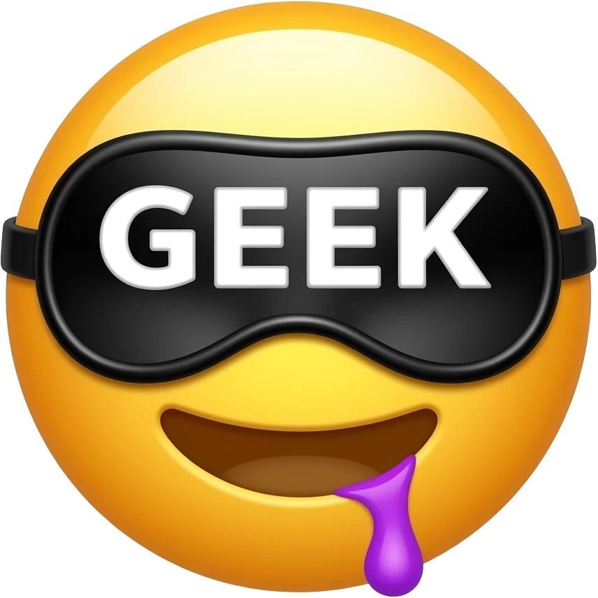 Give me a regular emoji with a black sleeping mask that says "GEEK" and add neon purple lots of drool to the corner of his half opened mouth emoji