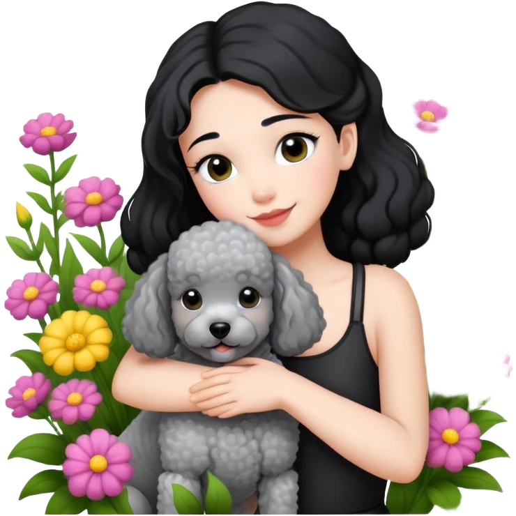 A beautiful girl with black ponytail happily hugs a gray poodle in the flowers emoji