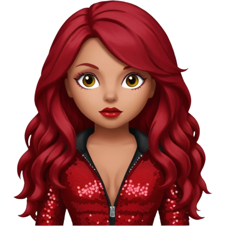 Jesy Nelson from Little Mix with long dark red hair, red sequin outfit emoji