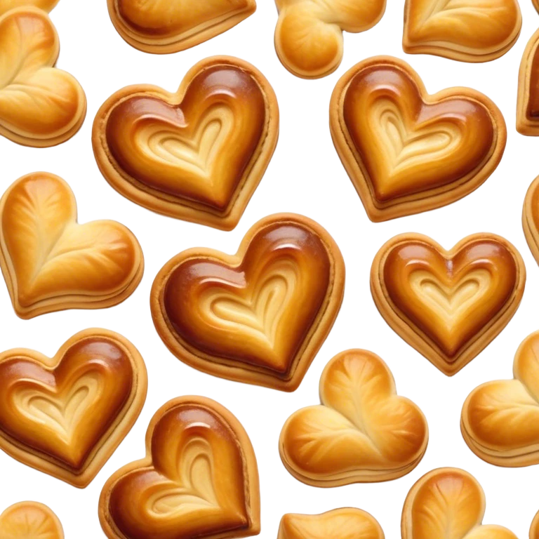 Cinematic crisp palmier, golden-brown heart-shaped pastries, perfectly caramelized layers, delicate and flaky, warm glowing background, inviting and delicious. emoji