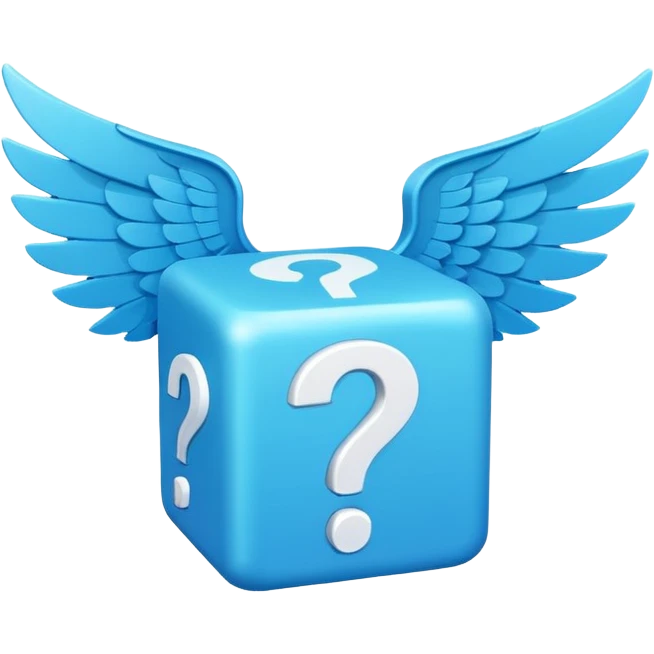Blue cube with blue wings and has a white question mark emoji