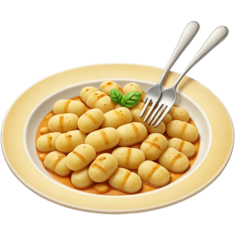Gnocchi Cinematic Realistic Gnocchi Dish Emoji, depicted as tender oblong potato gnocchi garnished with iconic fork marks on top, rendered with soft textures and warm, inviting lighting. emoji