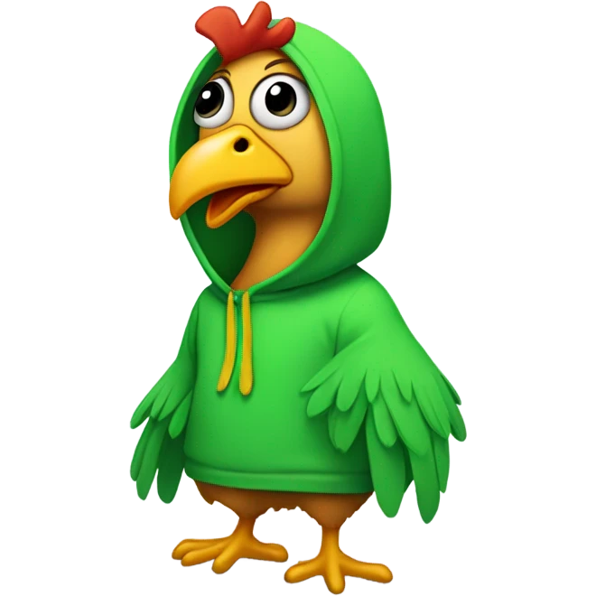 A one eyed guy with a green hoodie wearing a chicken suit emoji
