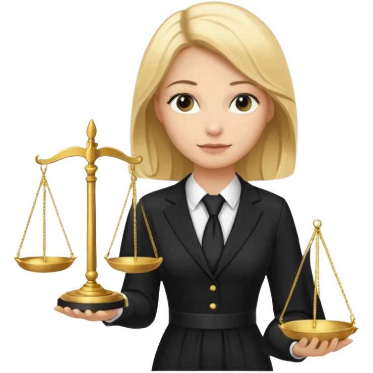 woman lawyer blanche et blonde avec des cheveux mi-long; elle est habillée avec une longue robe noire et une cravate blanche; elle soutient fièrement la balance de la justice  emoji