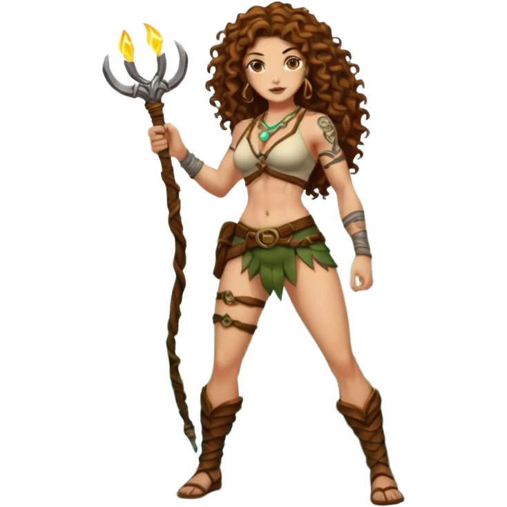 full body woman long curly brown hair brown eyes white skin tattoos muscular build jungle treasure hunter outfit, vine whip, glowing relic emoji