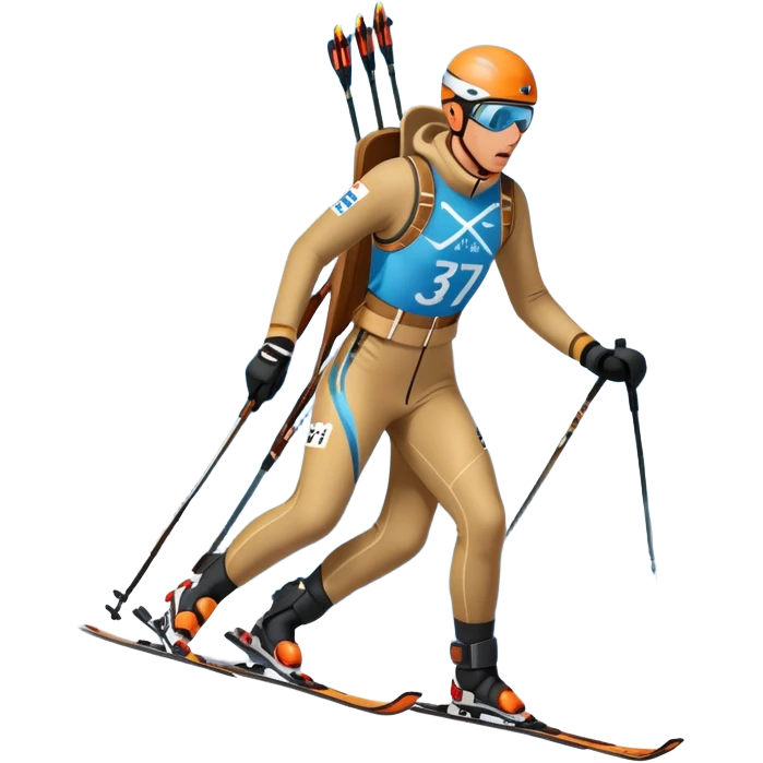 An icon featuring snow-covered trees, distant mountains, and a clear blue sky with a biathlete in motion, holding a rifle and skiing across a snowy course. Transparent background highlights the precision, endurance, and excitement of biathlon. emoji