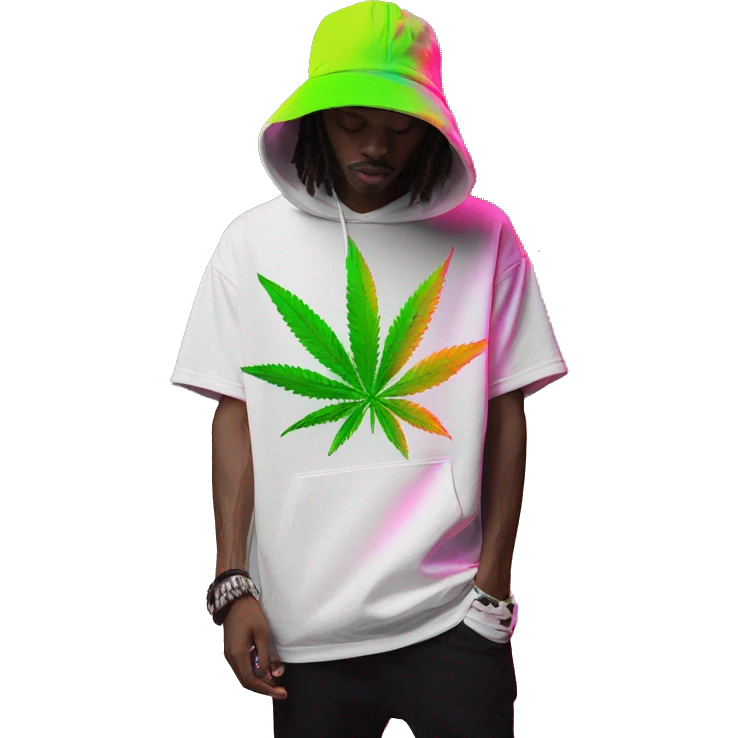 Hemp leaves Multicoloured neon person smoking wearing hoodie dancing hip hop bucket hat tropical Skater fashion aesthetic baggy clothes graphic t shirt 420 emoji