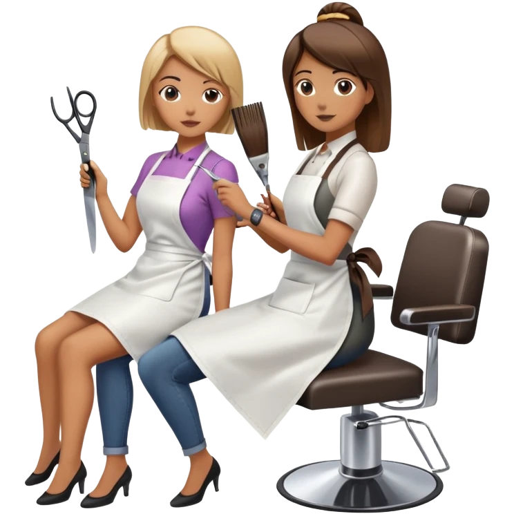 woman getting a haircut from a female hairstylist, client sitting in chair with apron, hairstylist standing behind holding scissors emoji