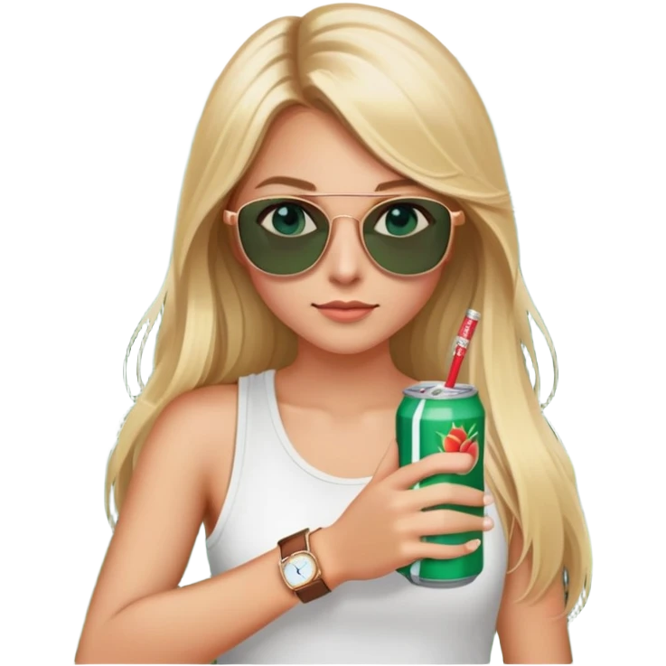girl with long blond hair
with blue eyes
and aviator sunglasses
wearing white tank top 
holding one soda can without straw
wearing (rose gold apple watch with forest green band) emoji