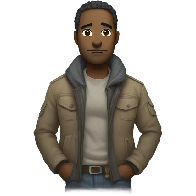 character with tired, weary eyes and subtle scars, showing someone who’s lost everything but is determined to make things right. Add a rugged jacket or worn gear for a badass vibe, with muted colors and a slight smirk to reflect resilience. emoji