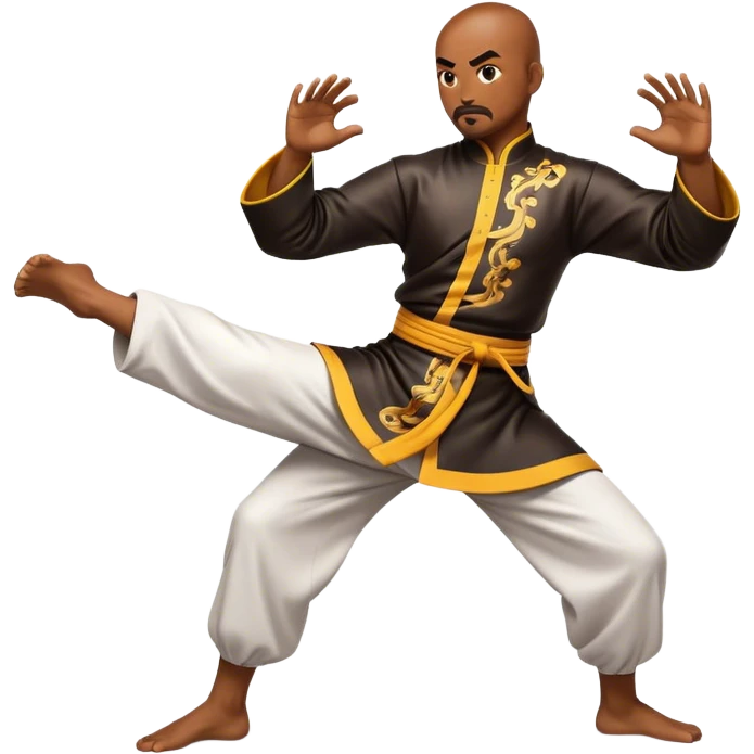 Cinematic Realistic Kung Fu Action Emoji, depicted as an epic martial arts scene with a master executing a precise move in traditional attire, rendered with fluid motion and vibrant textures under dramatic high-contrast lighting. emoji