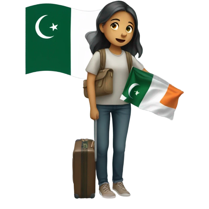 A girl crying , and holding a suitcase and Pakistan flag emoji