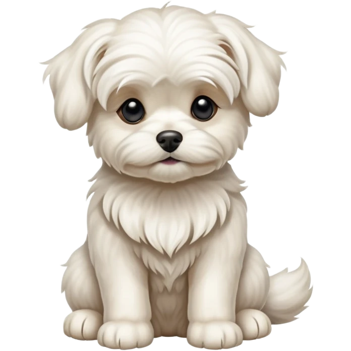 detailed-[Maltese dog]-realistic-full-body-sitting-emoji,-tail-resting-loosely-beside-its-paws,-head-tilted-dramatically, -wavy-[cream white]-fur,-simplified-yet-realistic-focused-features,-highly-detailed,-glowing-with-an-almost-sarcastic-glow emoji