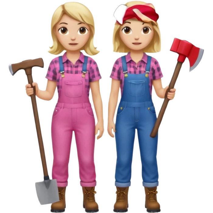 lumberjack blonde woman holding axe pink checked shirt and overalls emoji