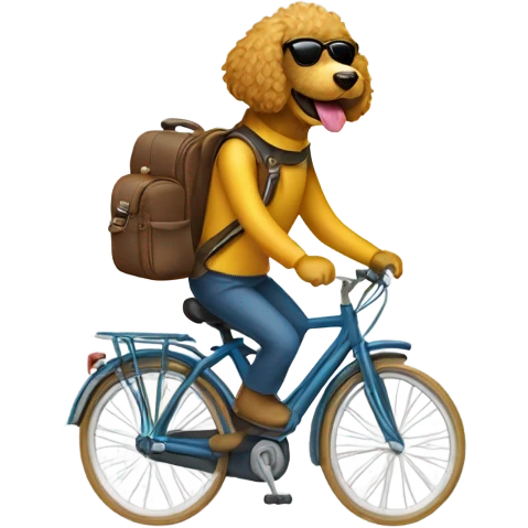 Human riding a bike with a backpack. Dog is a golden doodle. Put the dog in the humans backpack. There’s a dog in the backpack and it is wearing sunglasses  emoji