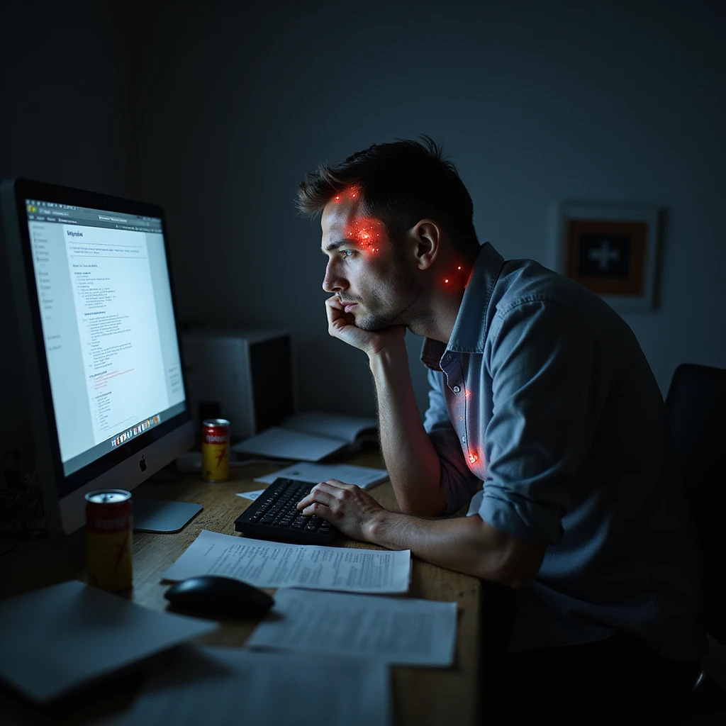 realistic tired overworked man at a cluttered desk late at night, surrounded by paperwork, glowing computer screen, energy drinks, deep fatigue, dark circles, slouched posture, subtle red glows on heart, head, gut indicating health risks, harsh cold lighting, burnout theme, moody atmosphere emoji