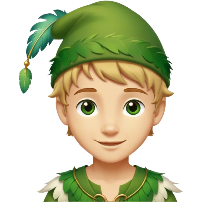 Cinematic Realistic Peter Pan Portrait, depicted with lifelike, youthful skin touched by a gentle sun-kissed glow. His bright, expressive eyes and confident smile evoke a timeless sense of wonder. Dressed in his iconic green tunic and feathered cap, every detail is rendered with soft, natural lighting that highlights his blend of innocence and courageous spirit. emoji