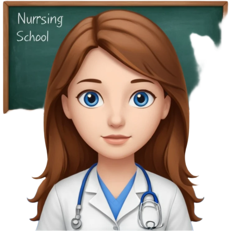 inside a classroom at university that says nursing school on the board with a pretty female nursing student with long brown hair, blue eyes emoji