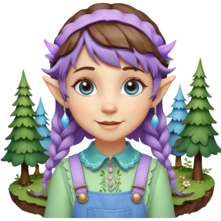 Kind happy whimsical quirky Girl toymaker, wood carving elf. Woodland nature creator. Blue eyes. Short bob, brown wavy hair with bangs. Whimsical playful cute. Overalls with nature embroidered cute shirt collar. Light green, light purple and light blue colour aesthetic  emoji