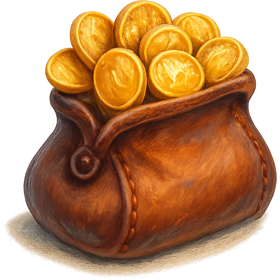 В cлегка рисованной, но при этом объемной и яркой стилистике сгенерируй картинку кожаного кошелька, из которого торчат натуральные фотореалистичные золотые монеты. Они должны выглядеть не как пластмассовые, а как настоящее золото. Прозрачный фон emoji