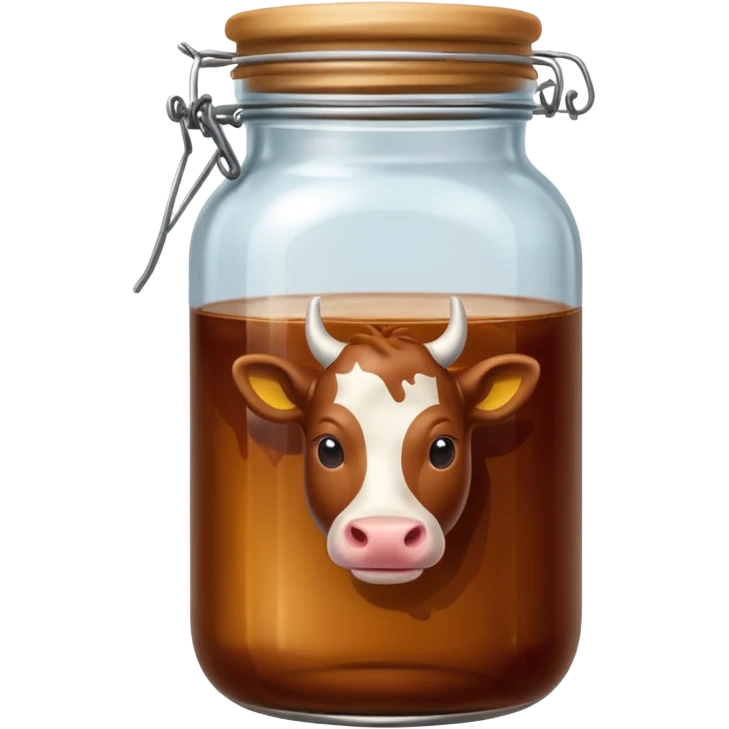 beef stock in a glass jar, brown liquid, label with cow icon, emoji style emoji