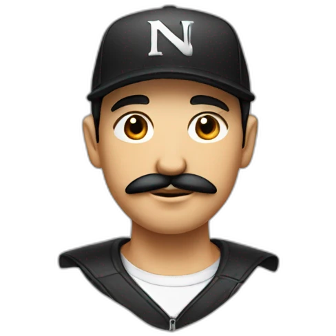 A round-headed man with thin black hair mustache and a black cap with the initials "NE" on it emoji