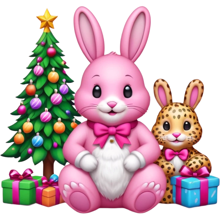 Smiling Pink Bunny with Santa sitting by a Pink Leopard and brightly lit colorful Christmas trees and candy canes 🎁  emoji