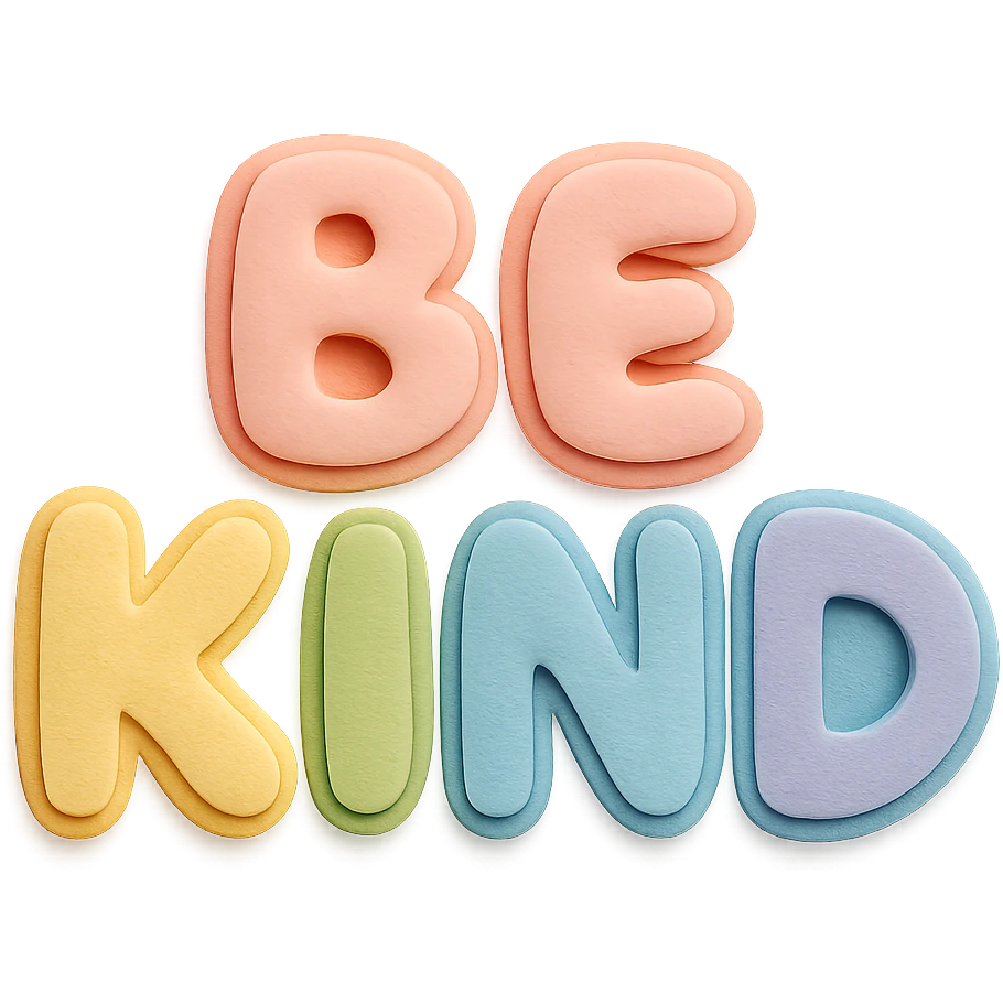 "Be Kind" soft pastel rainbow puffy bubble letters, kawaii cute, transparent background, no frame emoji