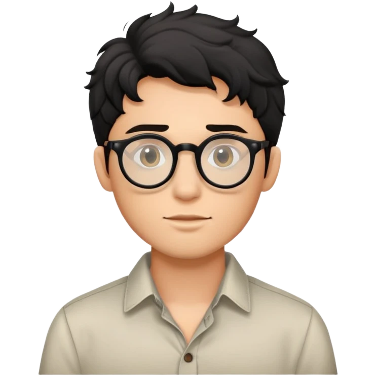 Torso view of young man with black wavy hair, round glasses, casual buttoned shirt, no tie emoji