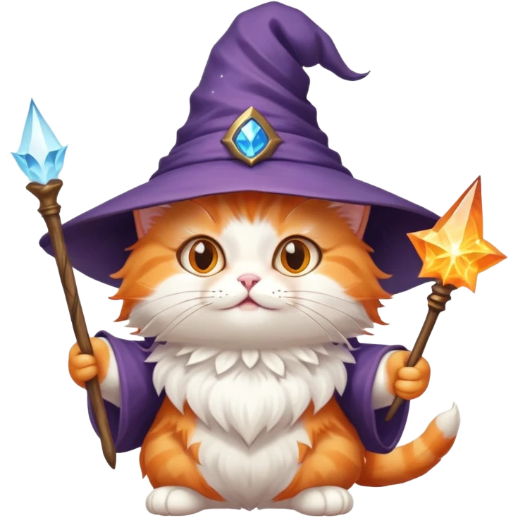 A cute cat with a pointy wizard hat and magic wand casting a spell emoji