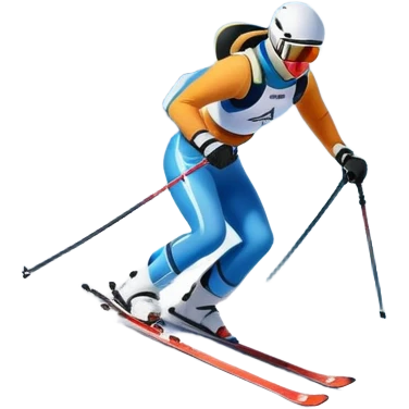 An icon featuring snowy peaks, pine trees, and a picturesque mountain landscape with a skier racing down a snow-covered slope, The sky is blue with soft clouds, capturing the thrill and beauty of alpine skiing. Transparent background highlights the excitement and serenity of winter sports. emoji
